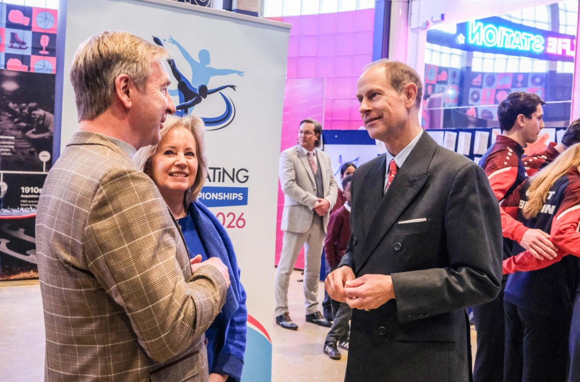 Prince Edward meets skating royalty Christopher Dean in visit to Sheffield for European Championships