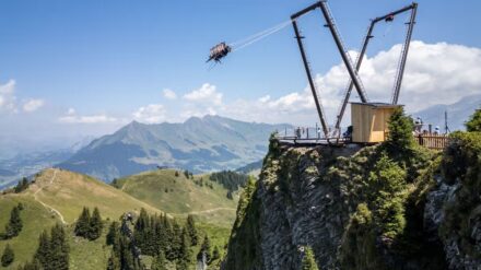 Thrillseekers soar over Swiss Alps on huge mountain swing 2,000 metres above sea level